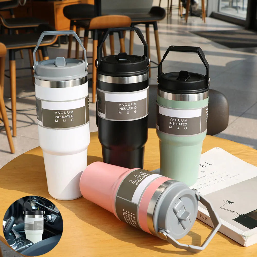 Insulated Stainless Steel Travel Tumbler with Handle – Portable Car Cup, Coffee Mug & Sports Water Bottle
